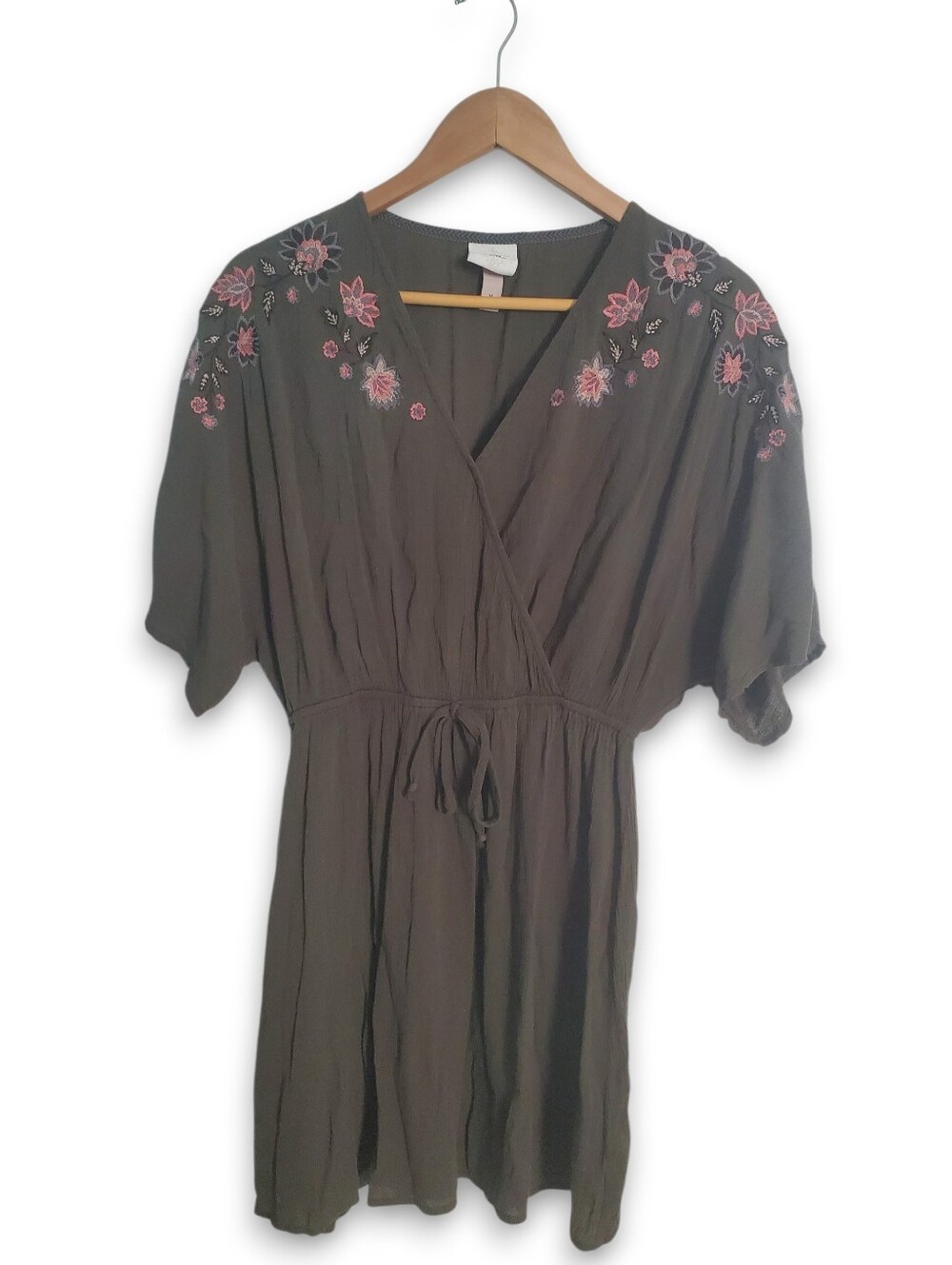 Knox Rose Olive Green Dress w/ Embroidered Floral Details, Size M Boho Festival